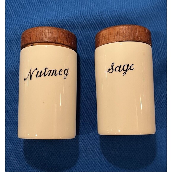 Vtg MCM Spice Wood Porcelain Jars Japan 1960s Lagardo Tackett Style Replacements - Picture 1 of 8